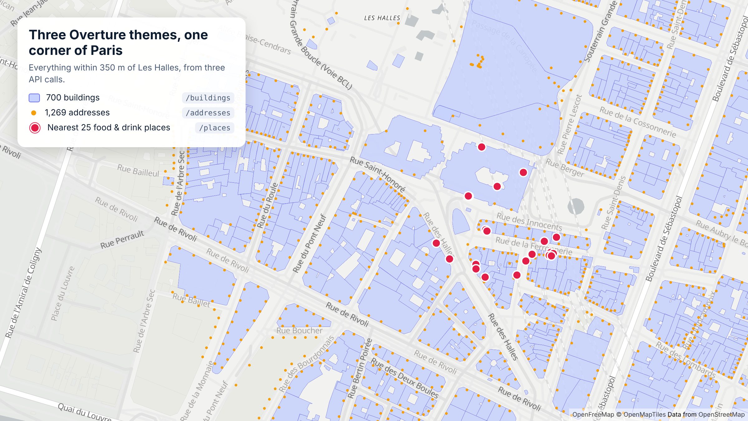 Overture buildings, addresses and food and drink places within 350 m of Les Halles, Paris